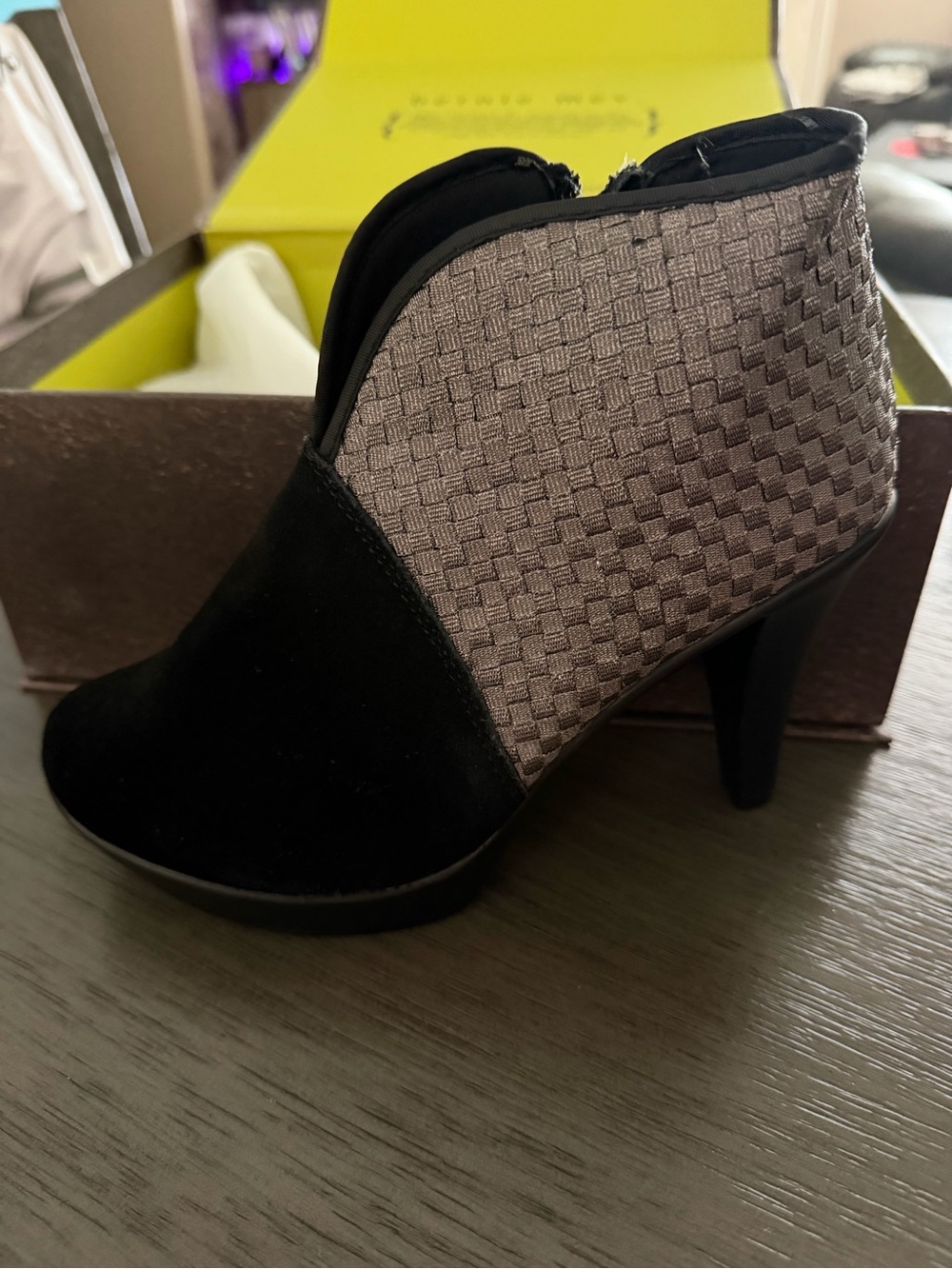 Women's Black Suede & Woven Gray Heeled Ankle Boot